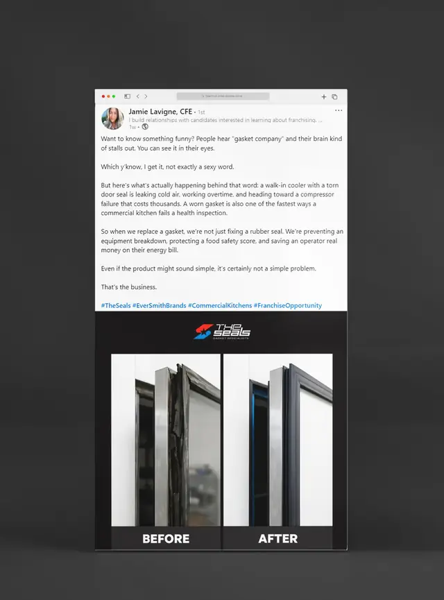 LinkedIn brand storytelling post by Jamie Lavigne of The Seals with a before-and-after product comparison graphic