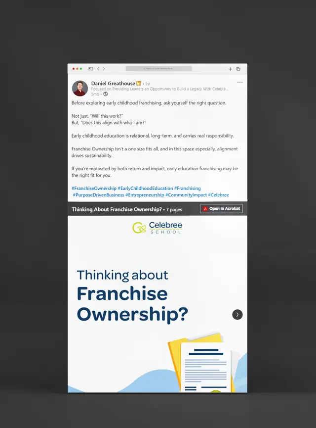 LinkedIn thought-leadership post by Daniel Greathouse of Celebree School with a franchise ownership document carousel