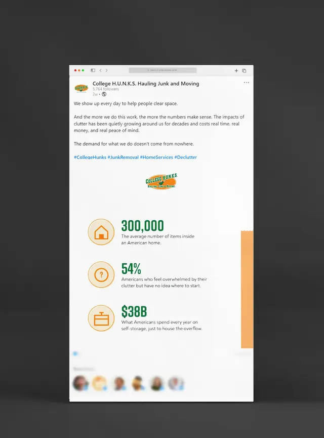 College H.U.N.K.S. brand LinkedIn post with an educational infographic on household clutter statistics