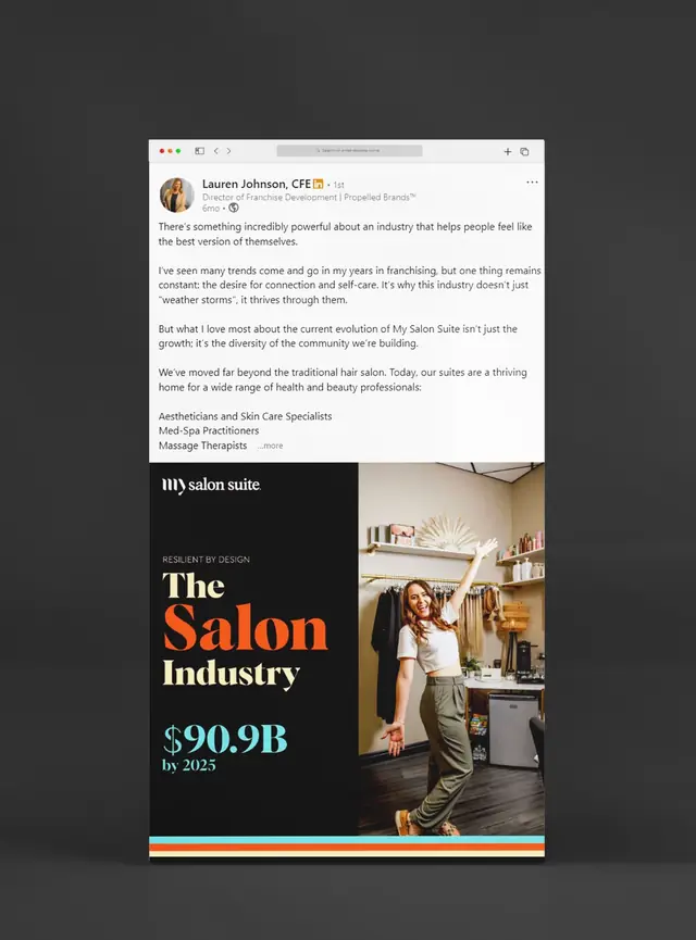 LinkedIn thought-leadership post by Lauren Johnson of My Salon Suite with a branded salon industry graphic