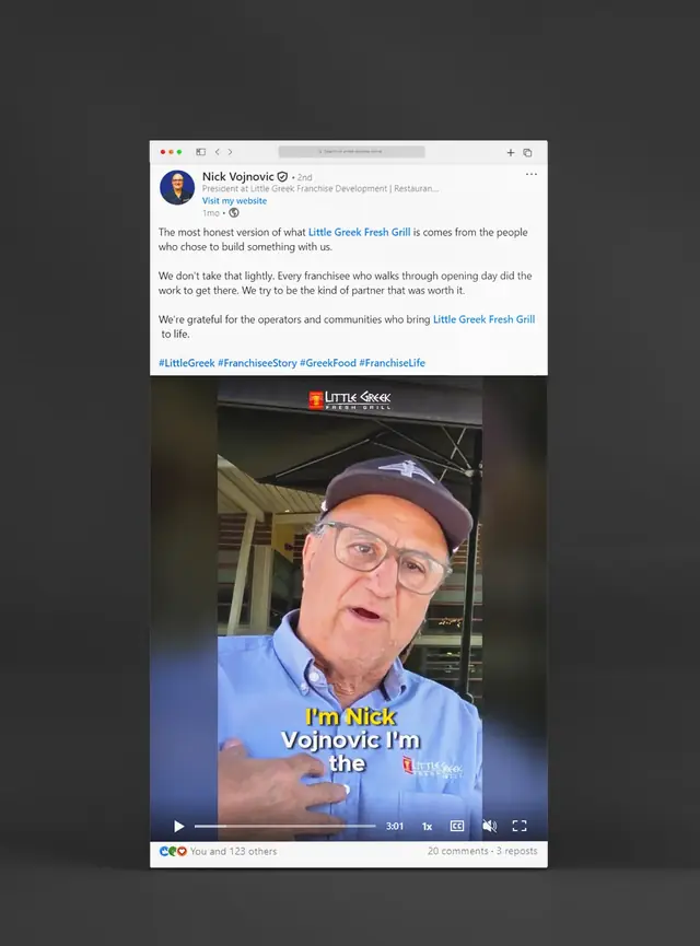 LinkedIn short-form captioned video post by Nick Vojnovic, president of Little Greek Fresh Grill