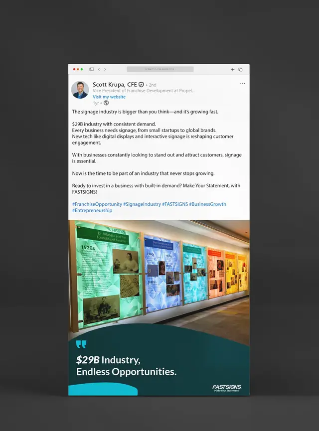 LinkedIn industry opportunity post by Scott Krupa of FASTSIGNS with a branded signage industry graphic